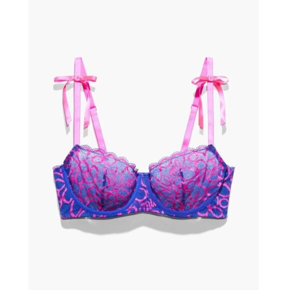 Savage X Fenty Ribbon Writing Unlined Lace Balconette Bra 44D Dreamy Blue Pink - Picture 1 of 8